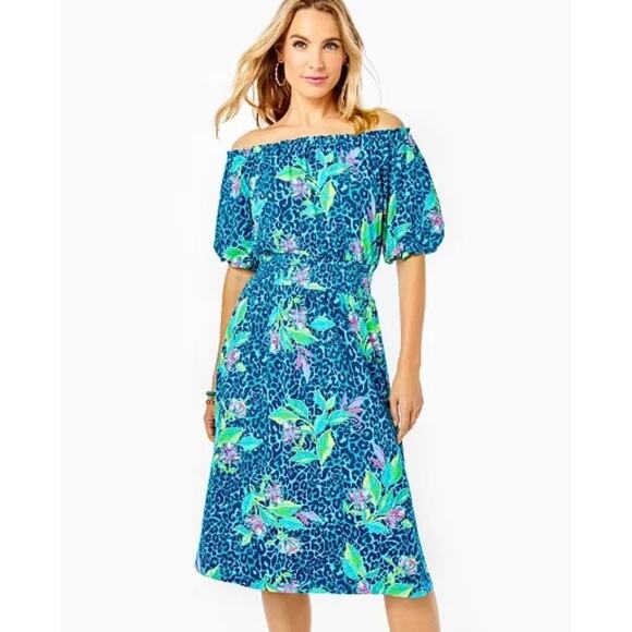 Lilly Pulitzer Camille Dress Formentera Turquoise XL Midi Floral Cheetah Puff - Picture 1 of 7